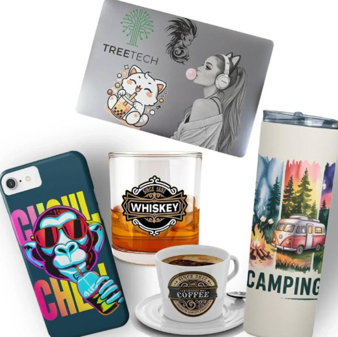 UV stickers applied to a laptop, phone case, glass, mug and tumbler