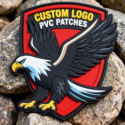 Raised PVC eagle patch reading Custom Logo PVC Patches