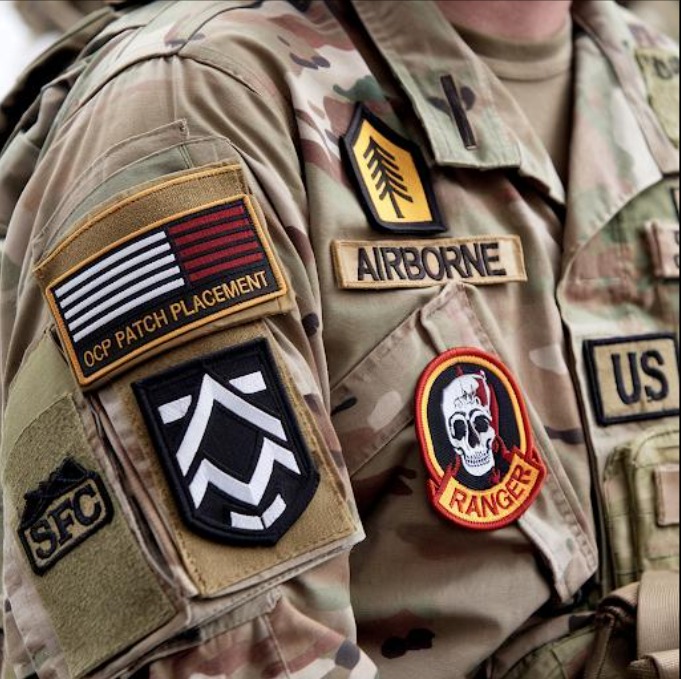 Military uniform displaying tactical patches