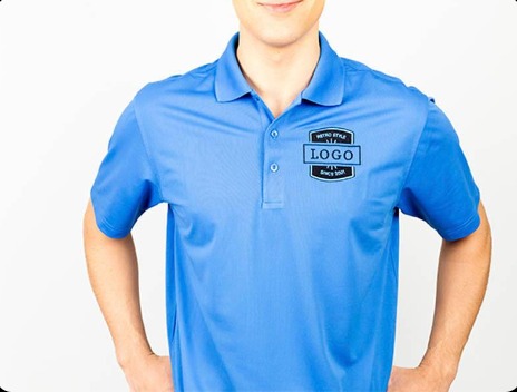 Blue uniform polo with a logo patch
