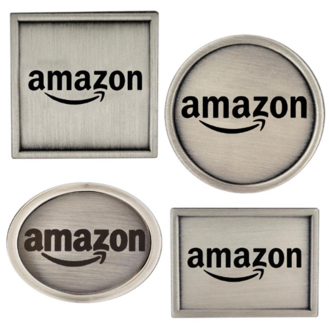 Four CNC engraved metal badges in square, round and oval shapes